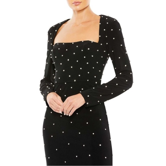 NWT Ieena for Mac Duggal 55792 Rhinestone Long Sleeve Black Jersey Dress - Picture 2 of 7